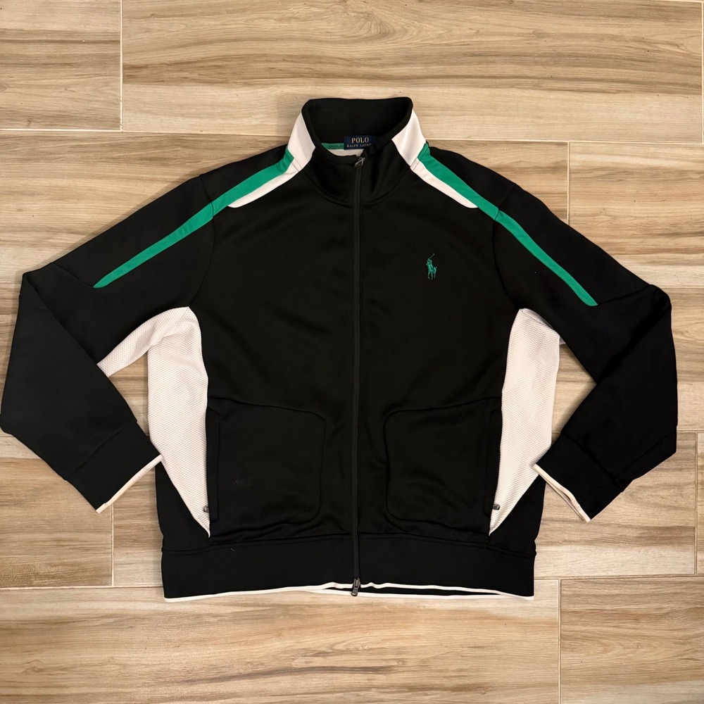 Polo Ralph Lauren Performance Double Knit Track Jacket Mens XXL Black Green Mesh